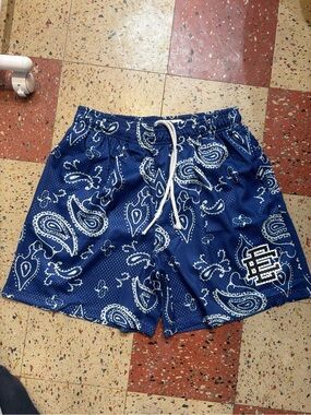 Eric Emanuel Blue Paisley Swim Trunks with White Drawstring